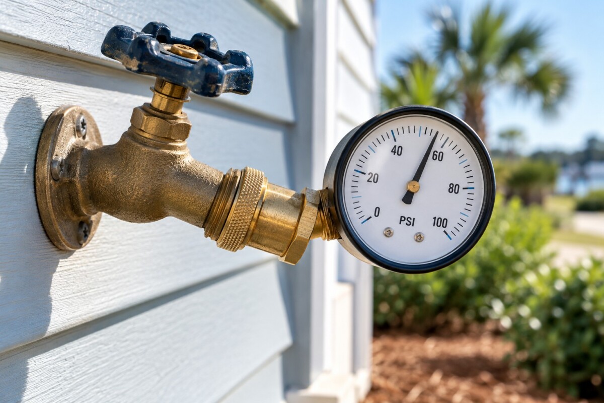 Water pressure gauge attached to an outdoor faucet