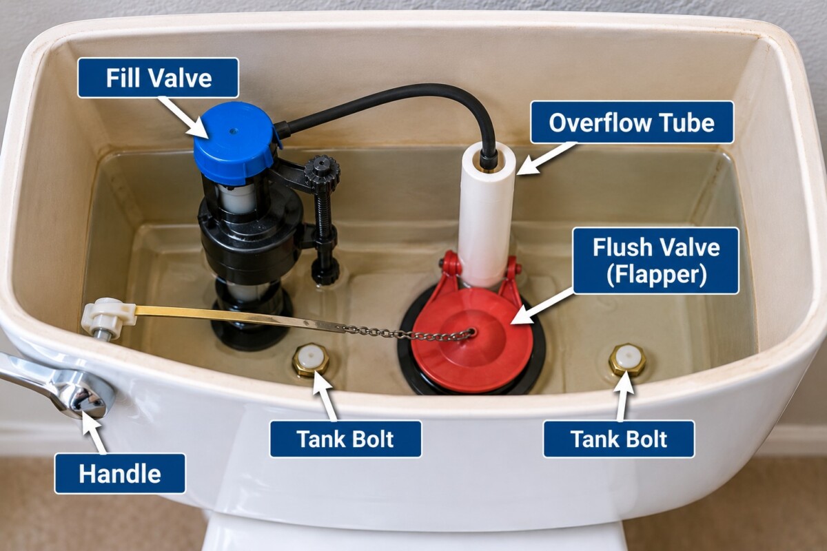 Toilet tank components showing the fill valve, overflow tube, flapper, handle, and tank bolts